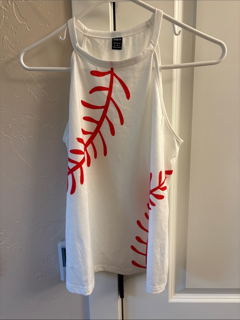 SHEIN White Halter Tank Top with baseball Graphic Stitch Motif